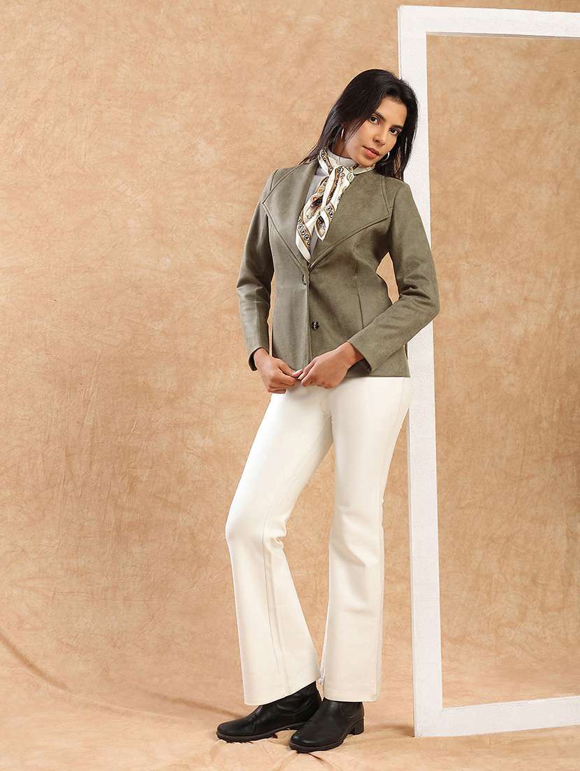 globus women olive shawl collar long sleeves self design suede 2 pockets soft functional winterwear overcoat - 22141433 -  Standard Image - 4