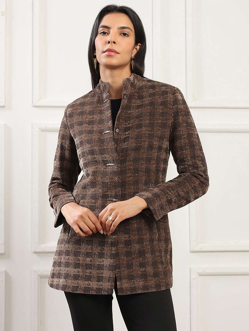globus women camel brown mock collar long sleeves self checkered 2 pockets hip length winterwear overcoat