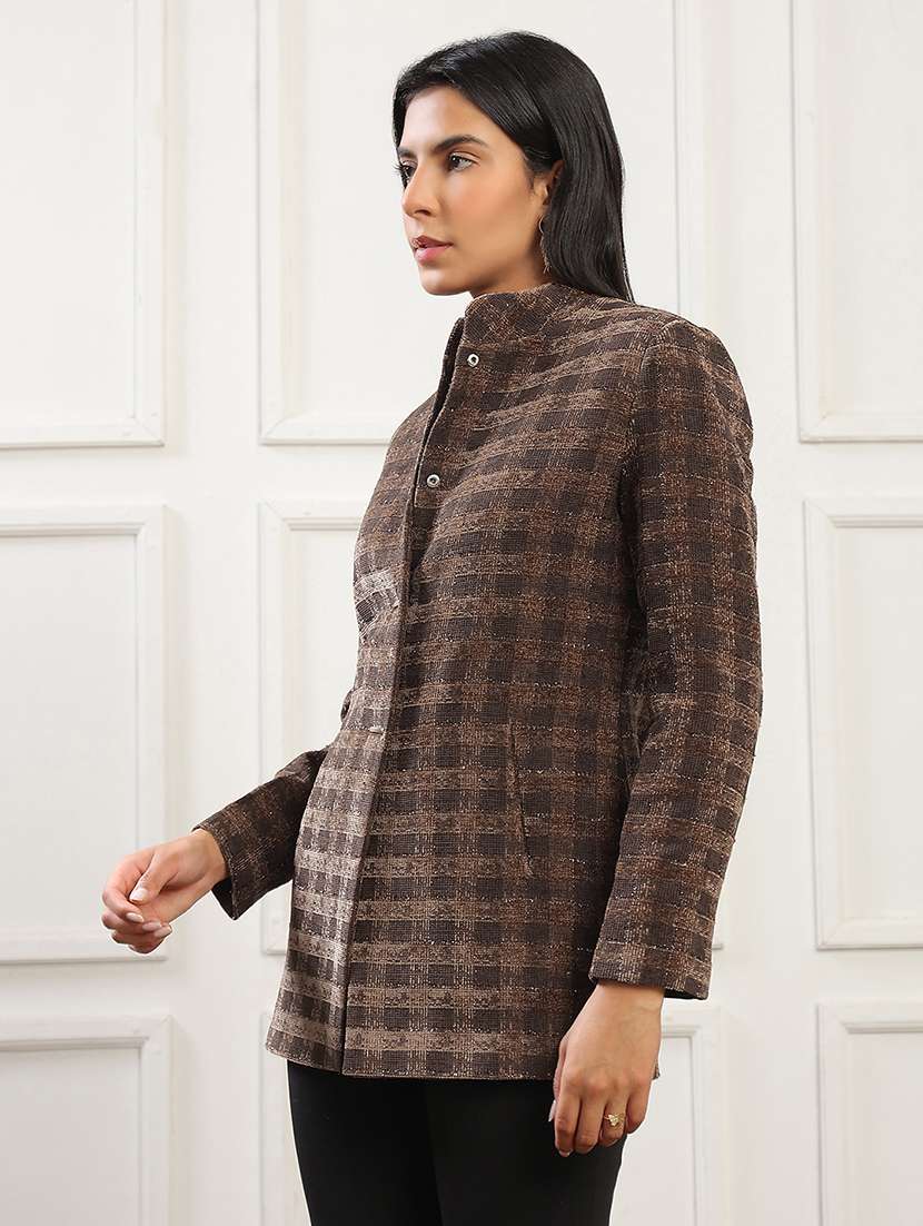 women checkered stand collar long sleeve coat - 22141436 -  Standard Image - 1