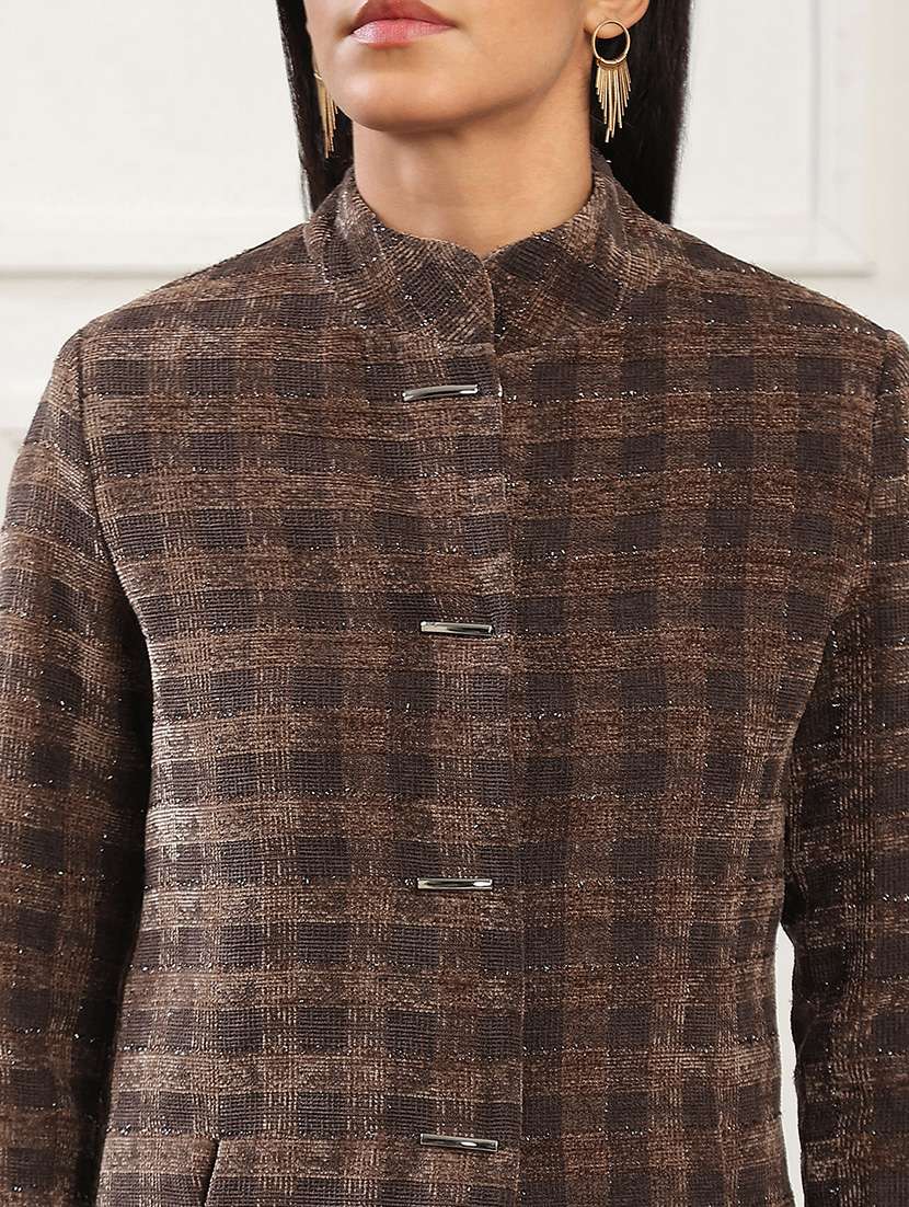women checkered stand collar long sleeve coat - 22141436 - Standard Image - 4