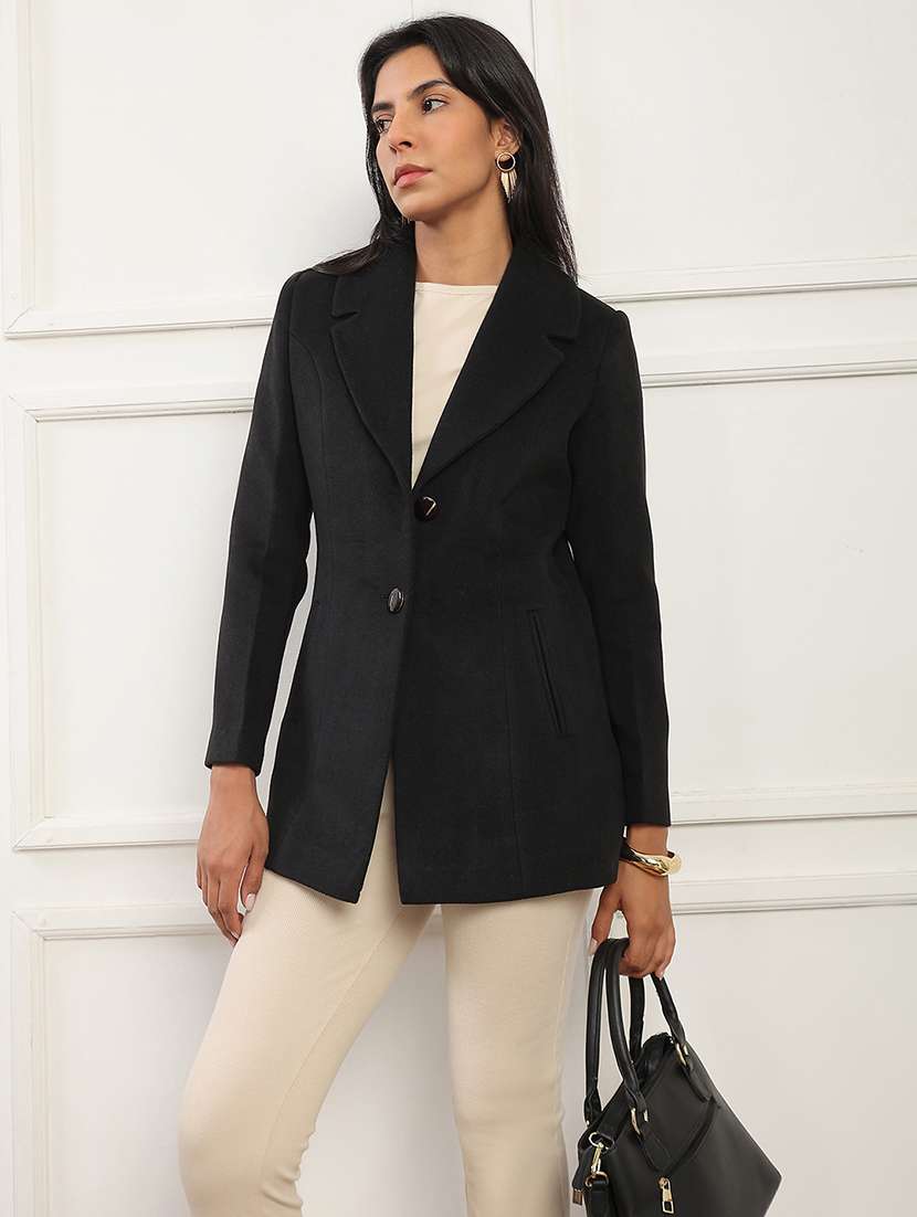 globus women black notched lapel long sleeves solid 2 pockets soft functional hip length winterwear overcoat