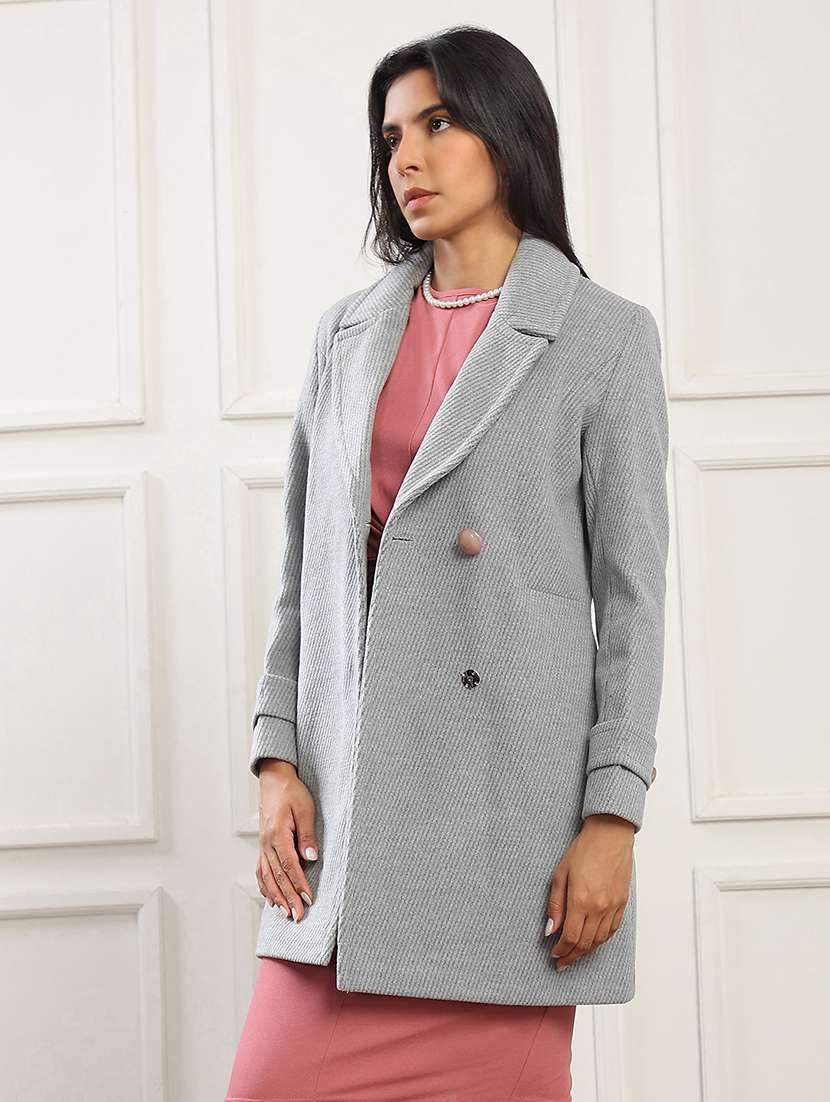 globus women blue notched lapel long sleeves striped self design 2 pockets hip length winterwear overcoat - 22141443 -  Standard Image - 1