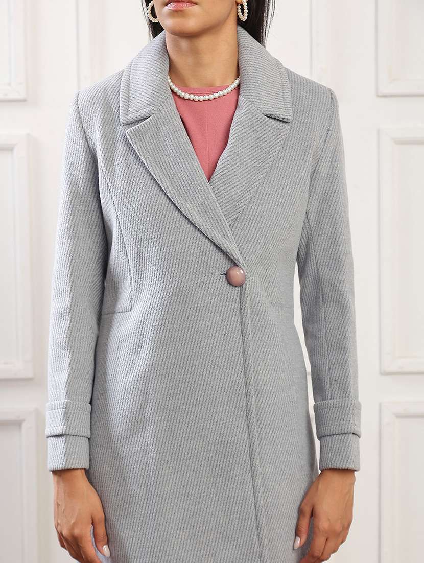 globus women blue notched lapel long sleeves striped self design 2 pockets hip length winterwear overcoat - 22141443 -  Standard Image - 4