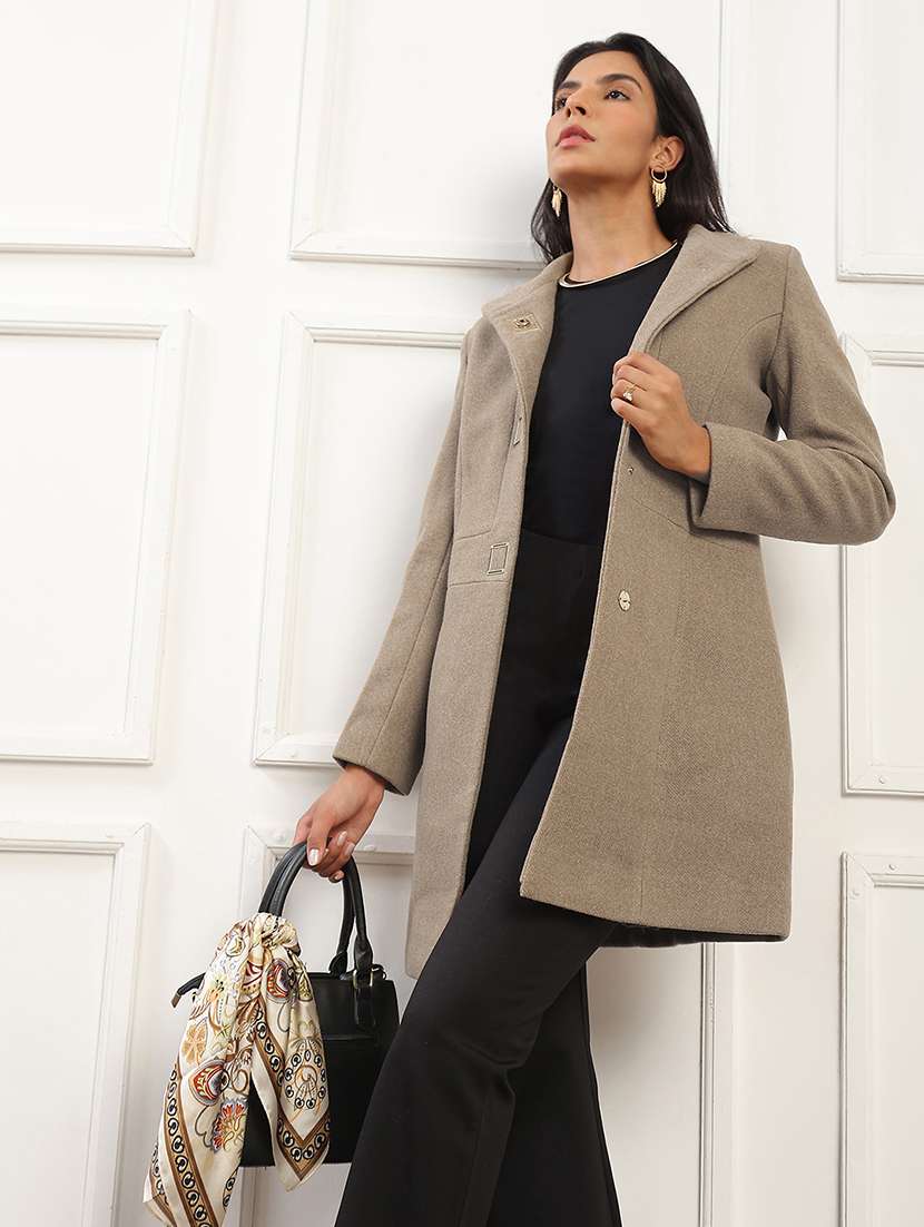 globus women beige mock collar long sleeves striped self design 2 pockets soft functional hip length winterwear overcoat - 22141446 -  Standard Image - 1