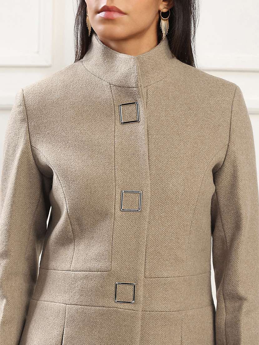 globus women beige mock collar long sleeves striped self design 2 pockets soft functional hip length winterwear overcoat - 22141446 -  Standard Image - 4