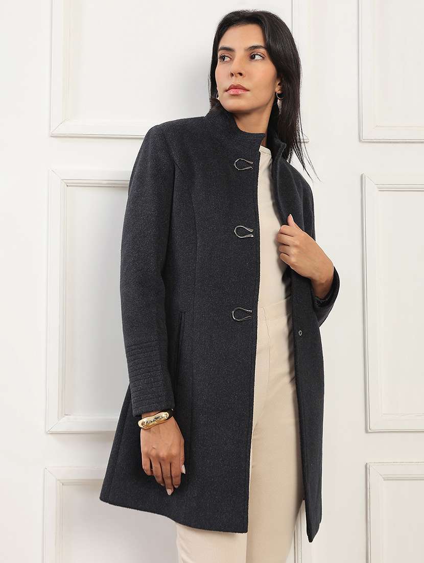 globus women navy mock collar long sleeves solid 2 zipper pockets soft functional hip length winterwear overcoat - 22141447 -  Standard Image - 1