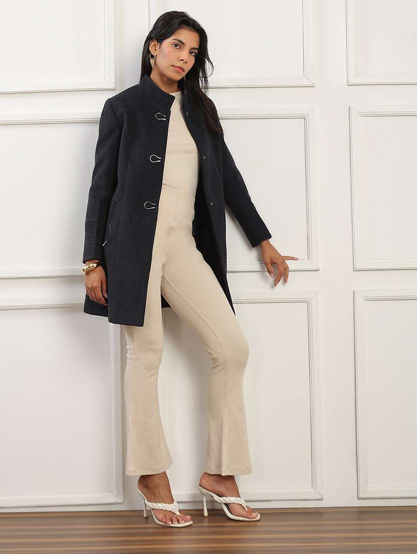 globus women navy mock collar long sleeves solid 2 zipper pockets soft functional hip length winterwear overcoat - 22141447 -  Standard Image - 4