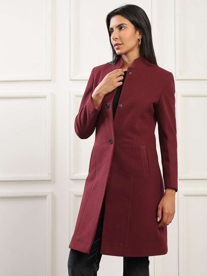 globus women red mock collar long sleeves striped self design 2 pockets knee length winterwear overcoat - 22141449 -  Standard Image - 1