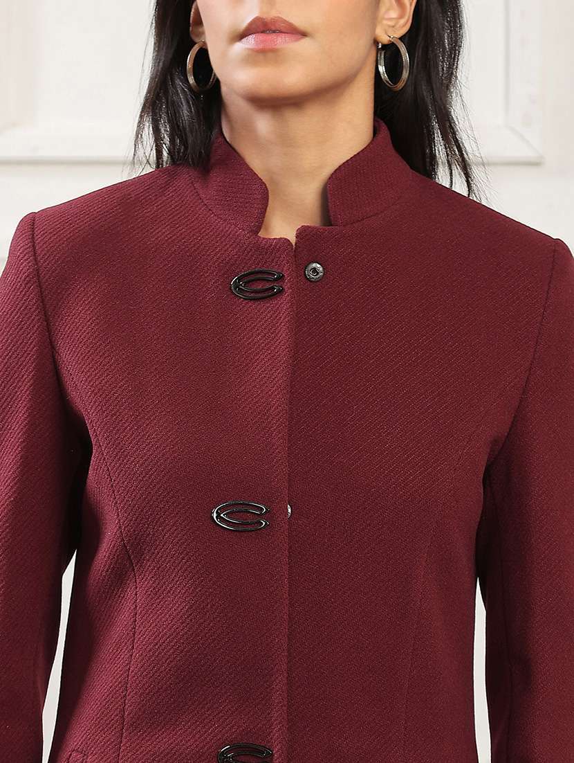 globus women red mock collar long sleeves striped self design 2 pockets knee length winterwear overcoat - 22141449 -  Standard Image - 4