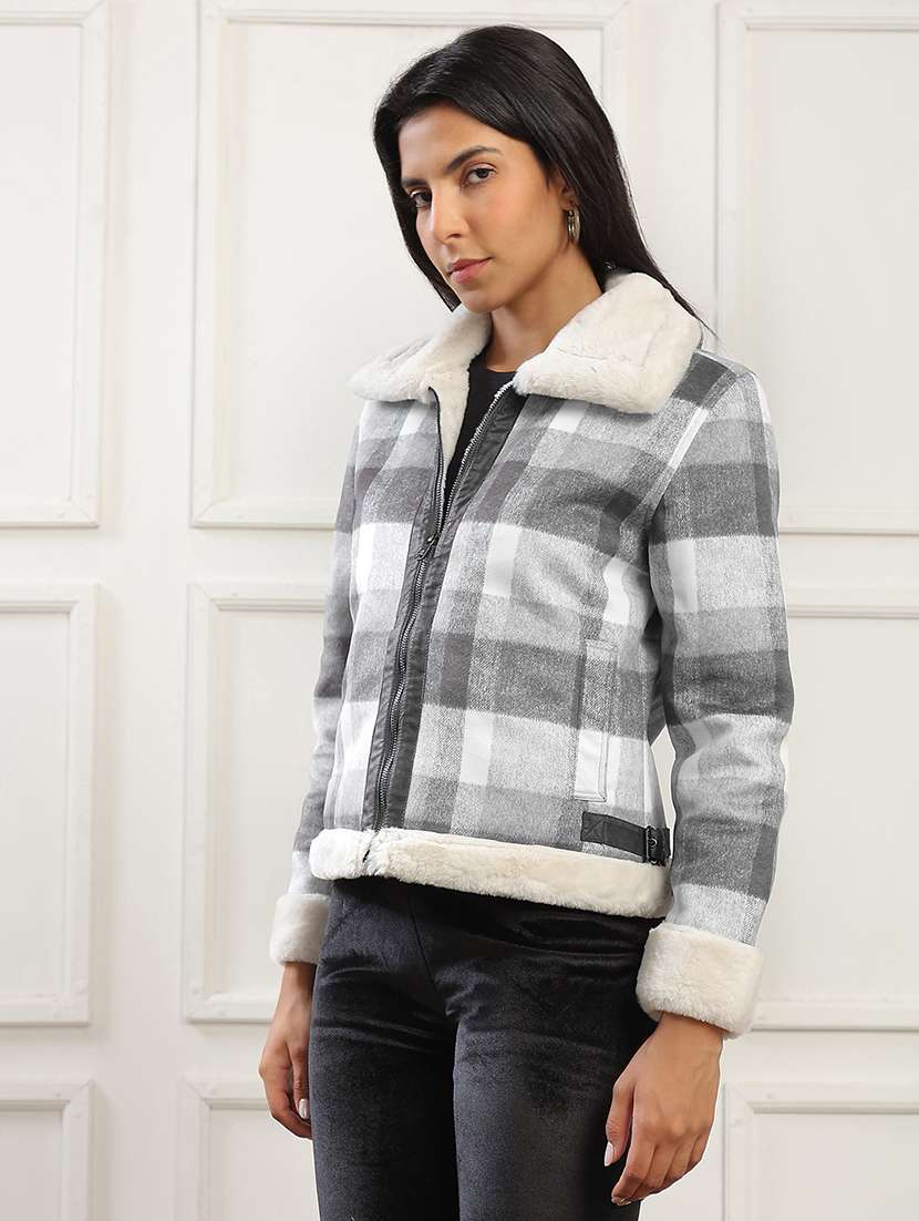 globus women black spread collar long sleeves soft functional checked self design 2 pockets winter wear jacket - 22141453 -  Standard Image - 1