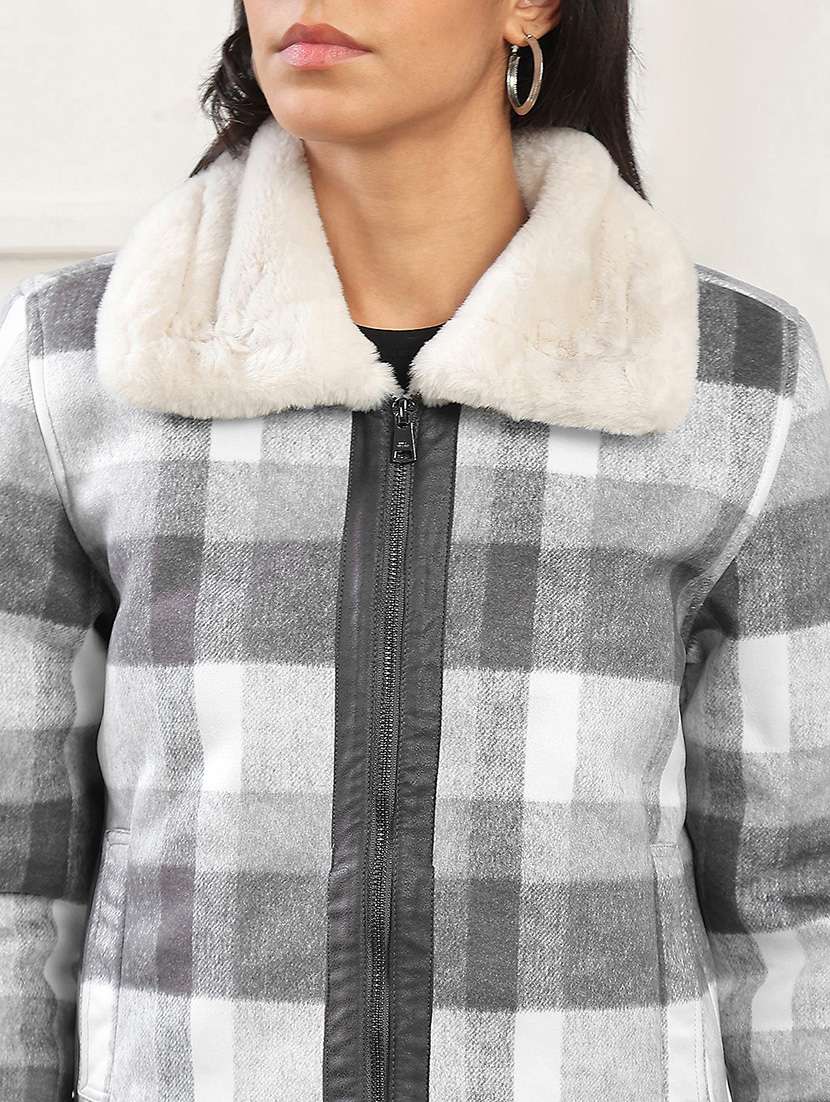 globus women black spread collar long sleeves soft functional checked self design 2 pockets winter wear jacket - 22141453 -  Standard Image - 4