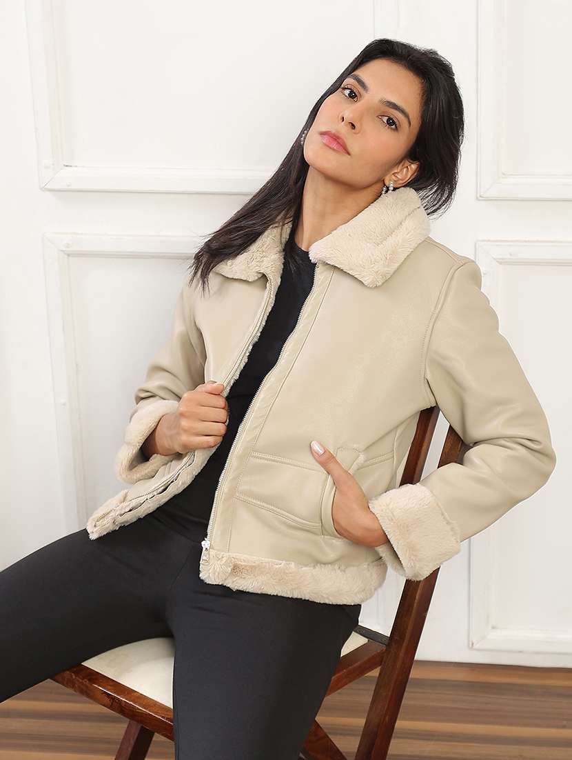 women beige solid fur collared long sleeve jacket - 22141454 - Zoom Image - 0