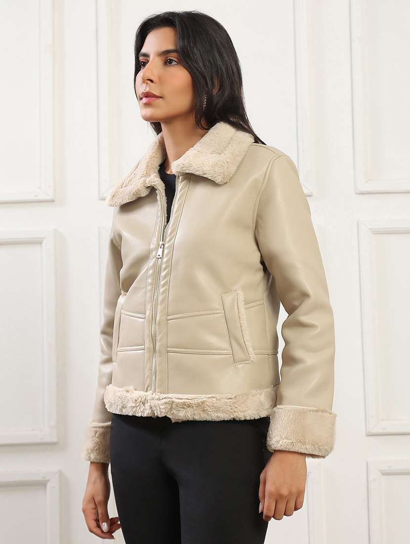 women beige solid fur collared long sleeve jacket - 22141454 -  Standard Image - 1