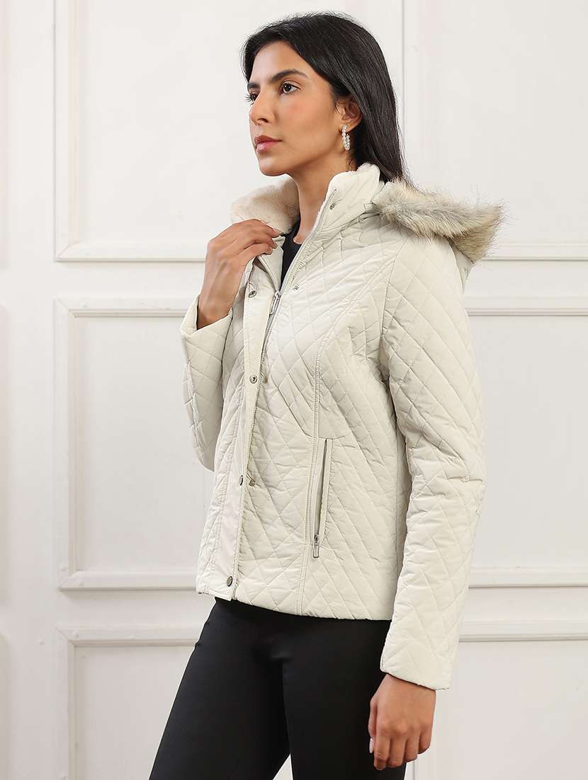 globus women cream mock neck winter wear insulator puffer jacket with detachable faux fur hood - 22141455 -  Standard Image - 1