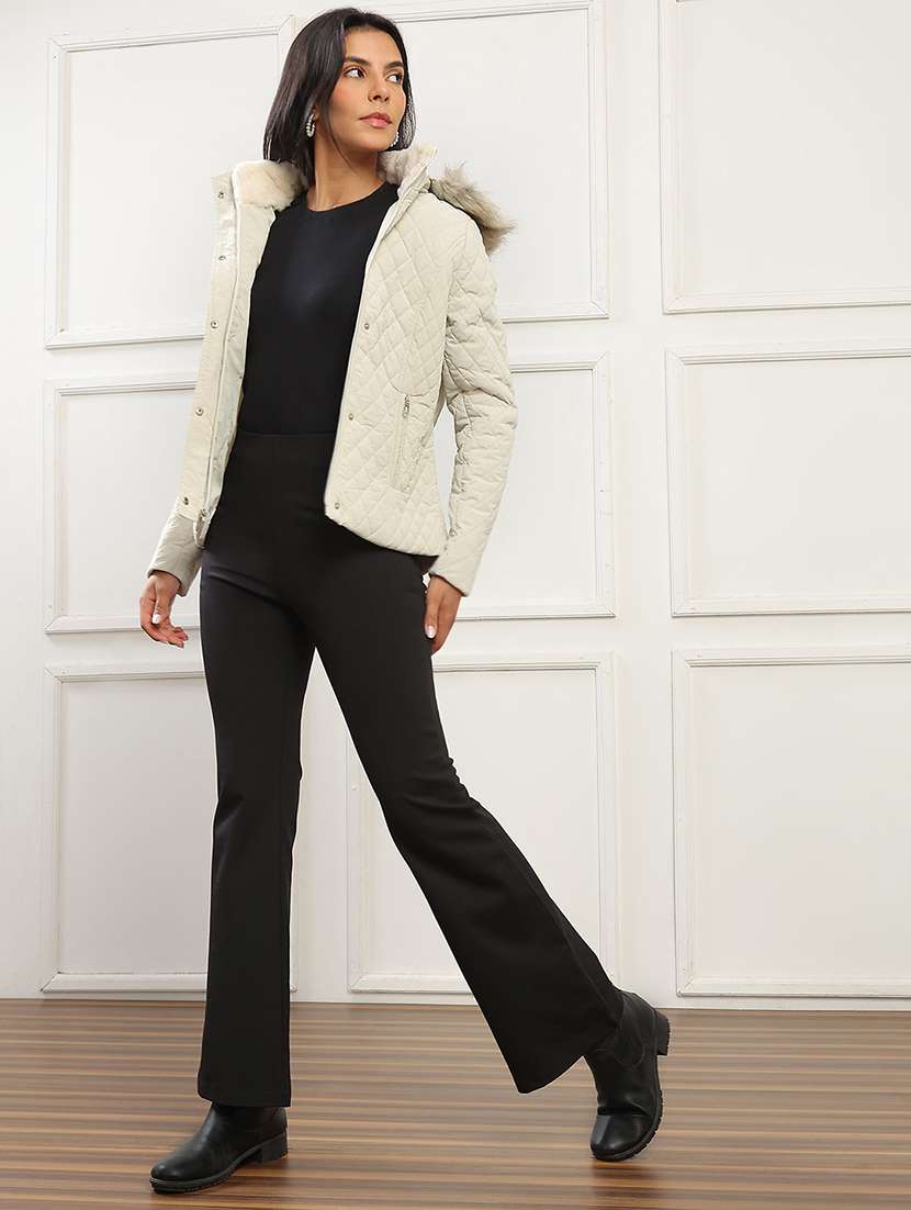 globus women cream mock neck winter wear insulator puffer jacket with detachable faux fur hood - 22141455 -  Standard Image - 4