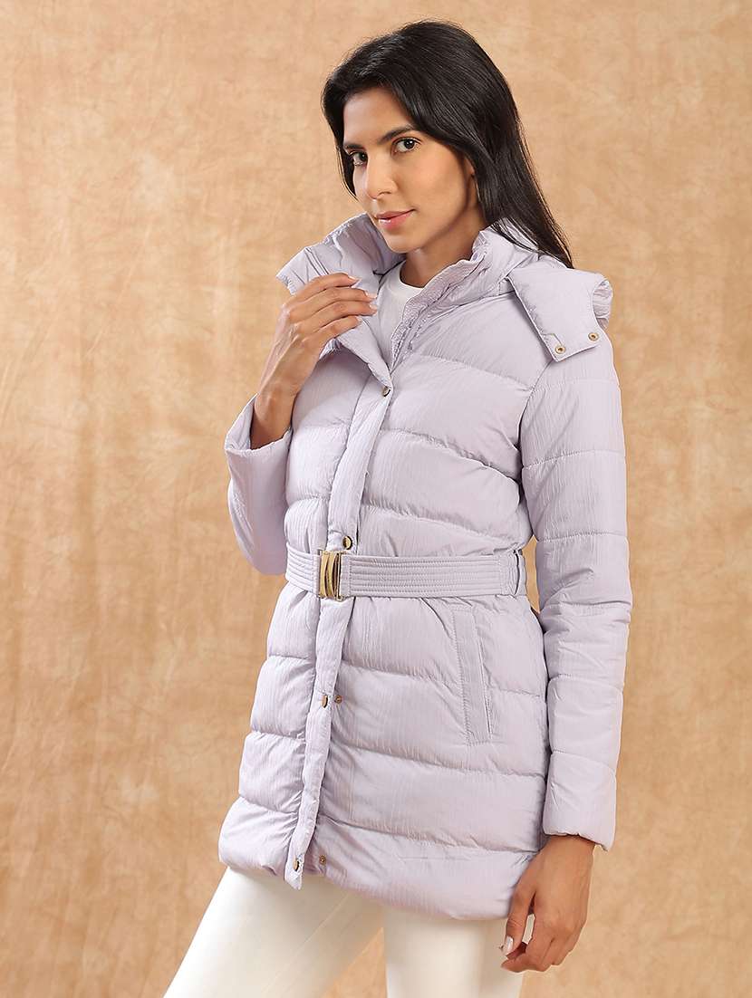globus women lavender mock neck long sleeves belted winter wear insulator puffer jacket with detachable hood - 22141456 -  Standard Image - 1
