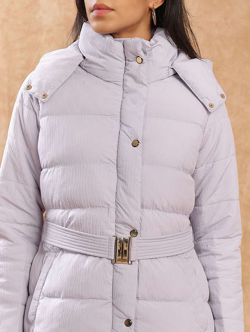 globus women lavender mock neck long sleeves belted winter wear insulator puffer jacket with detachable hood - 22141456 -  Standard Image - 4