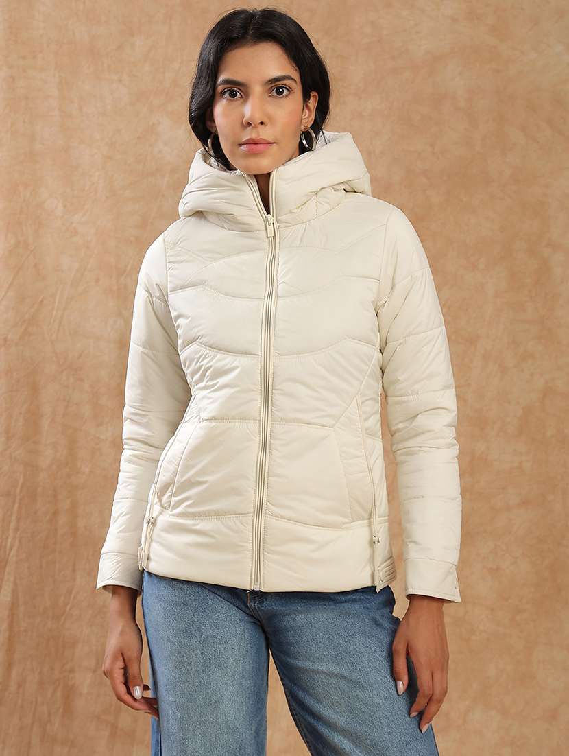 globus women beige long sleeves front zip 2 pockets hooded winterwear puffer jacket - 22141457 -  Standard Image - 1
