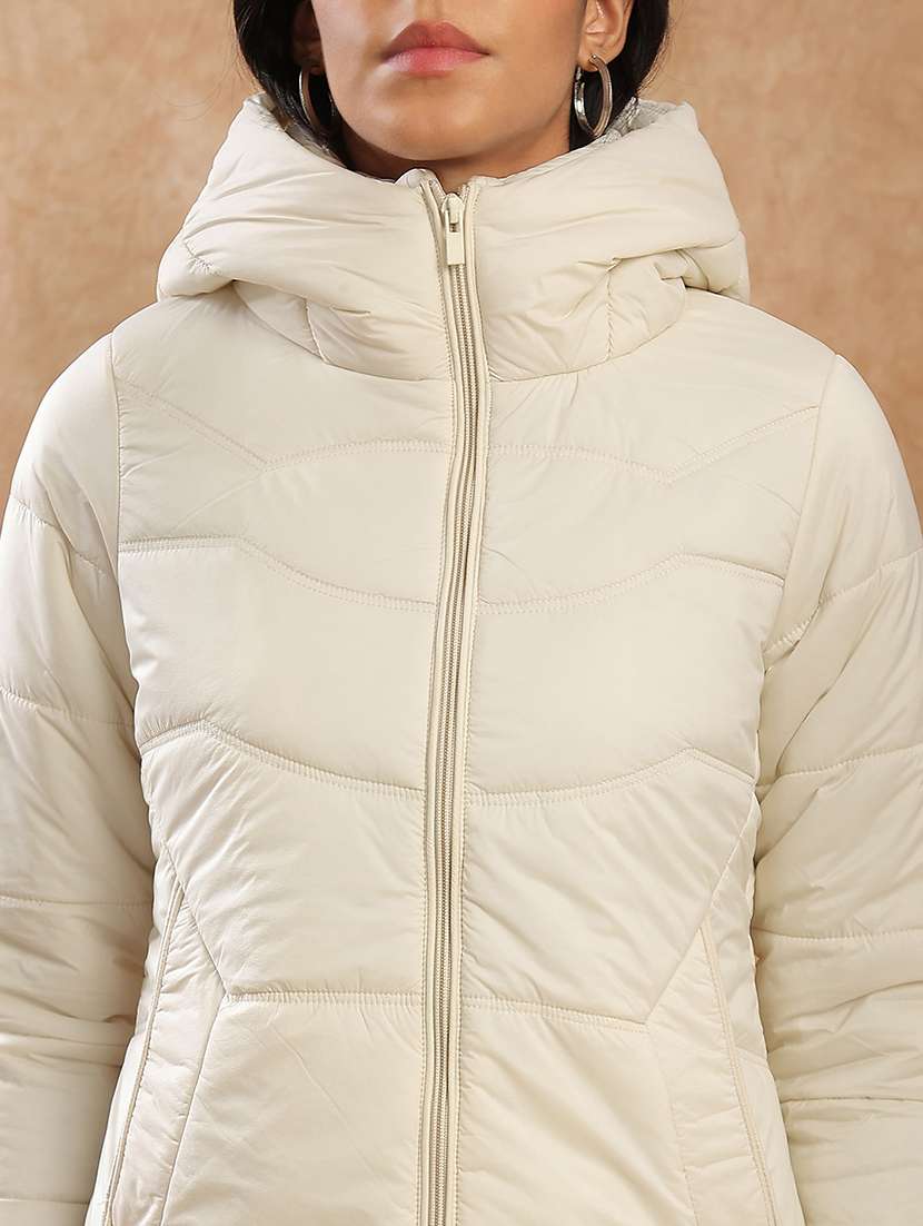 globus women beige long sleeves front zip 2 pockets hooded winterwear puffer jacket - 22141457 -  Standard Image - 4