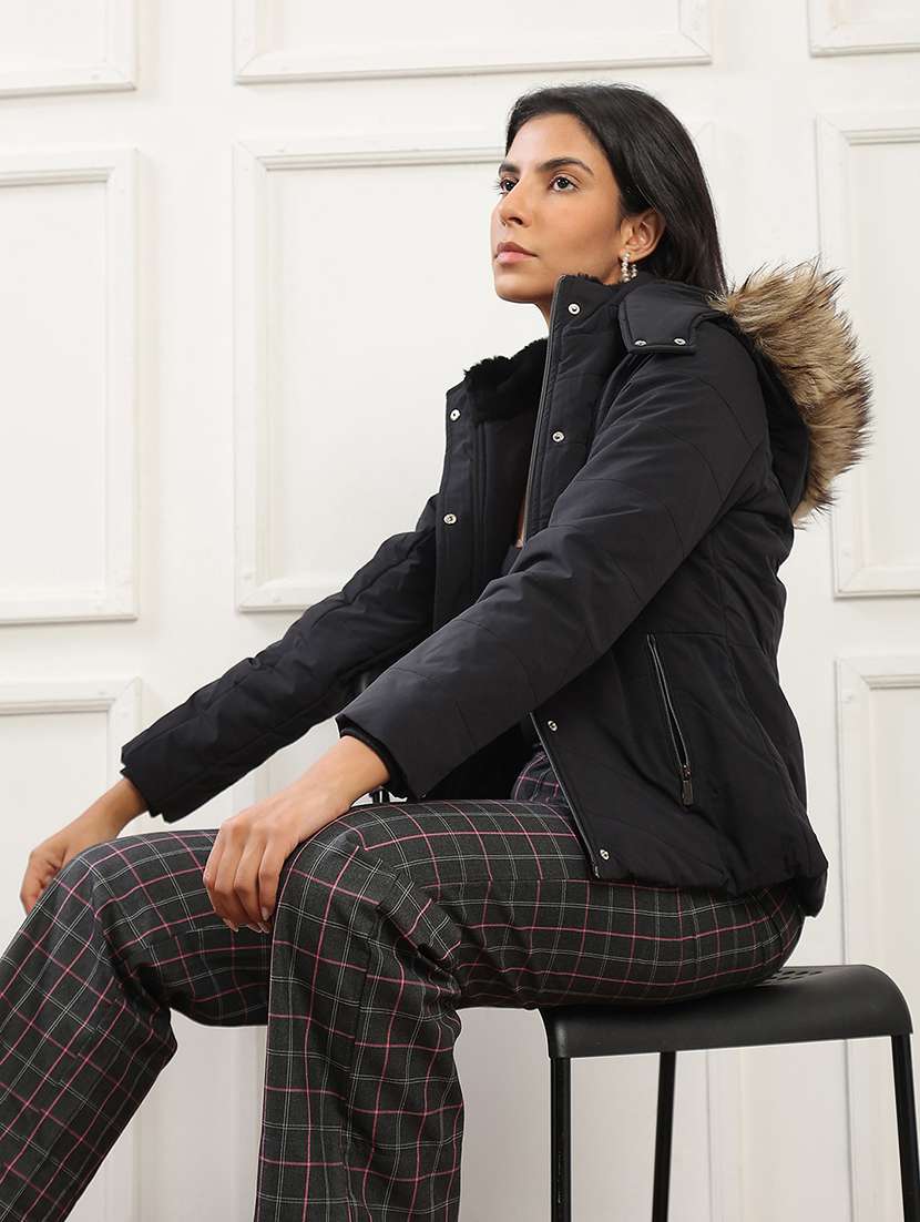 globus women black mock neck winter wear insulator puffer jacket with faux fur hood - 22141458 -  Standard Image - 1