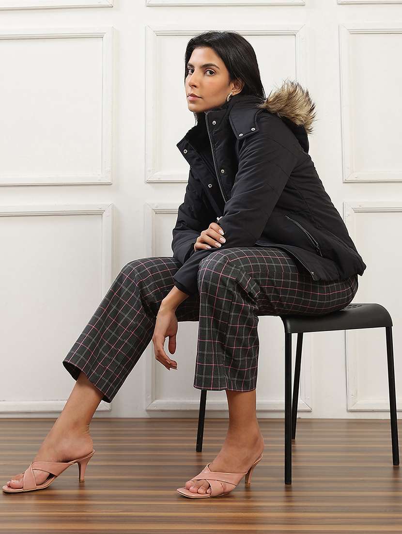 globus women black mock neck winter wear insulator puffer jacket with faux fur hood - 22141458 -  Standard Image - 4