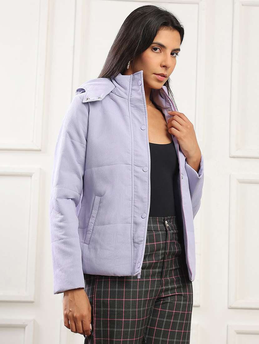 globus women lavender mock neck long sleeves 2 pockets self design winter wear insulator puffer jacket with attached hood - 22141459 -  Standard Image - 1