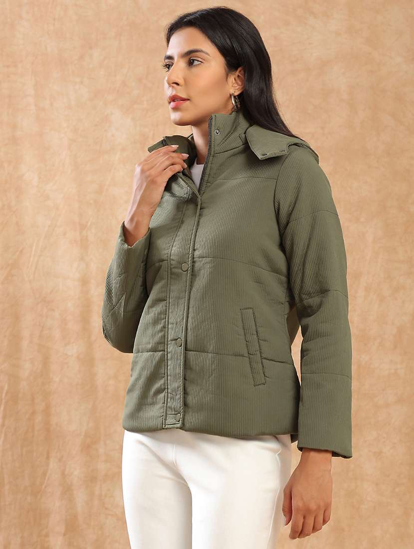 globus women olive mock neck long sleeves 2 pockets self design winter wear insulator puffer jacket with attached hood - 22141460 -  Standard Image - 1