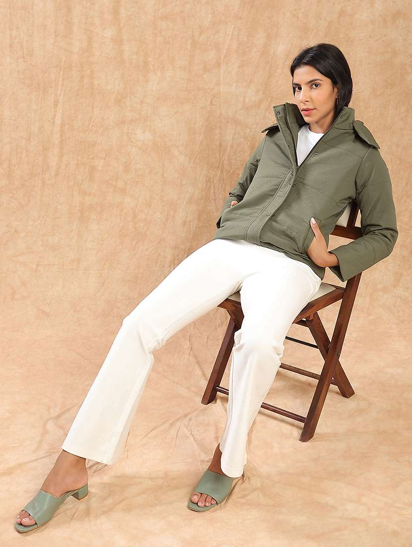 globus women olive mock neck long sleeves 2 pockets self design winter wear insulator puffer jacket with attached hood - 22141460 -  Standard Image - 4