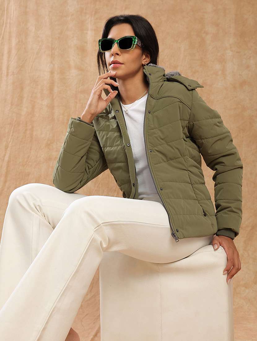 globus women olive mock neck winter wear insulator puffer jacket with soft functional hood