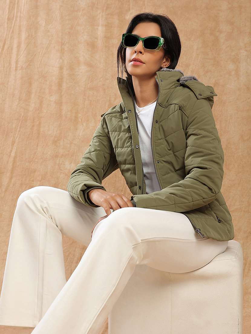 globus women olive mock neck winter wear insulator puffer jacket with soft functional hood - 22141462 -  Standard Image - 1