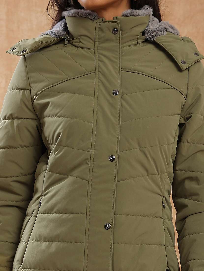 globus women olive mock neck winter wear insulator puffer jacket with soft functional hood - 22141462 -  Standard Image - 4