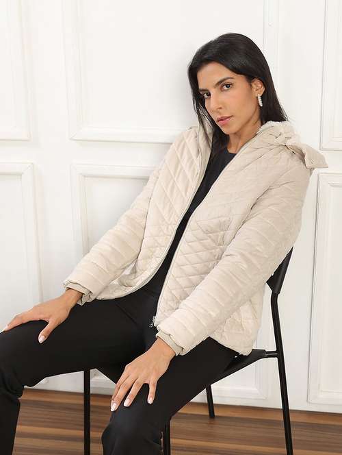 globus women white mock neck winter wear insulator puffer jacket with detachable soft functional hood - 22141466 -  Standard Image - 0