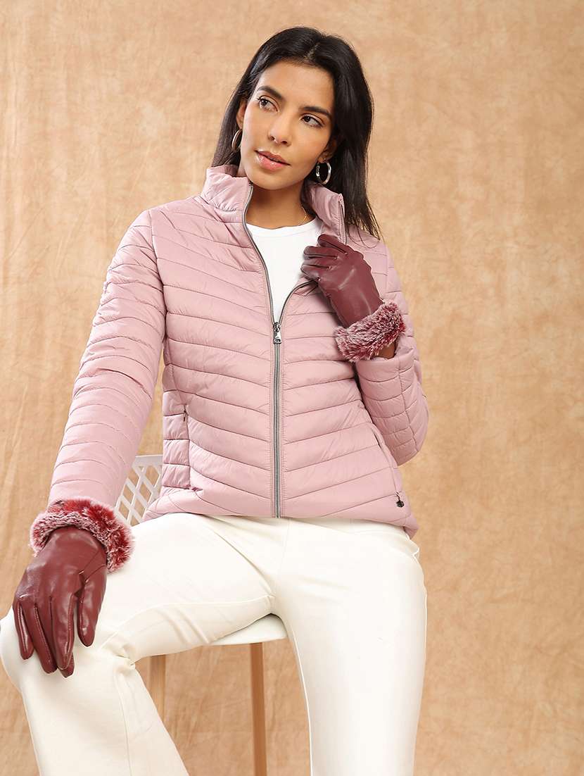 globus women pink mock neck front zip 2 pockets winter wear insulator puffer jacket 
