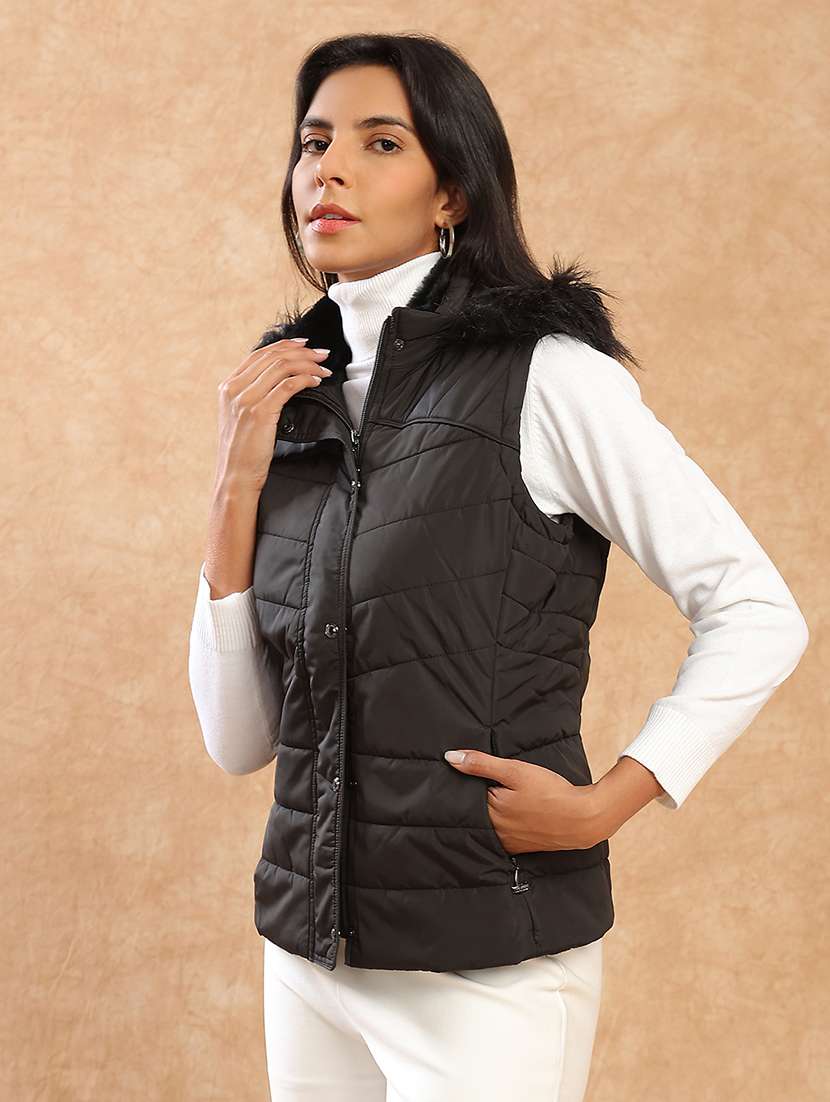 globus women black mock neck winter wear insulator puffer vest jacket with detachable faux fur hood - 22141471 -  Standard Image - 1