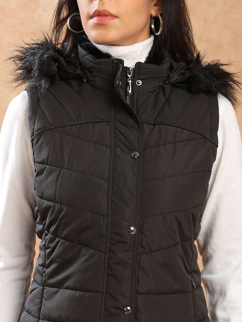 globus women black mock neck winter wear insulator puffer vest jacket with detachable faux fur hood - 22141471 -  Standard Image - 4