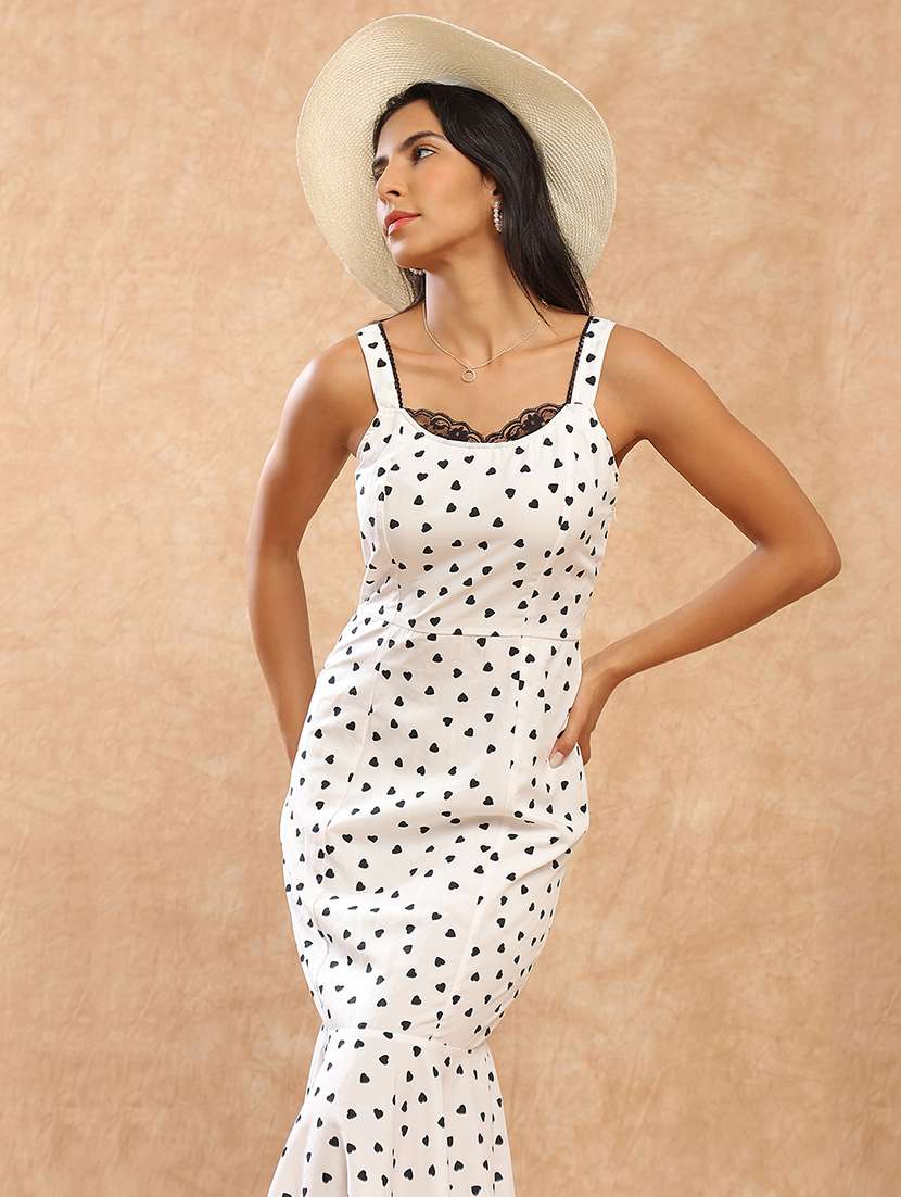 globus women white heart print shoulder strap round neck with lace detail flared hem midi bodycon party dress - 22141472 -  Standard Image - 1