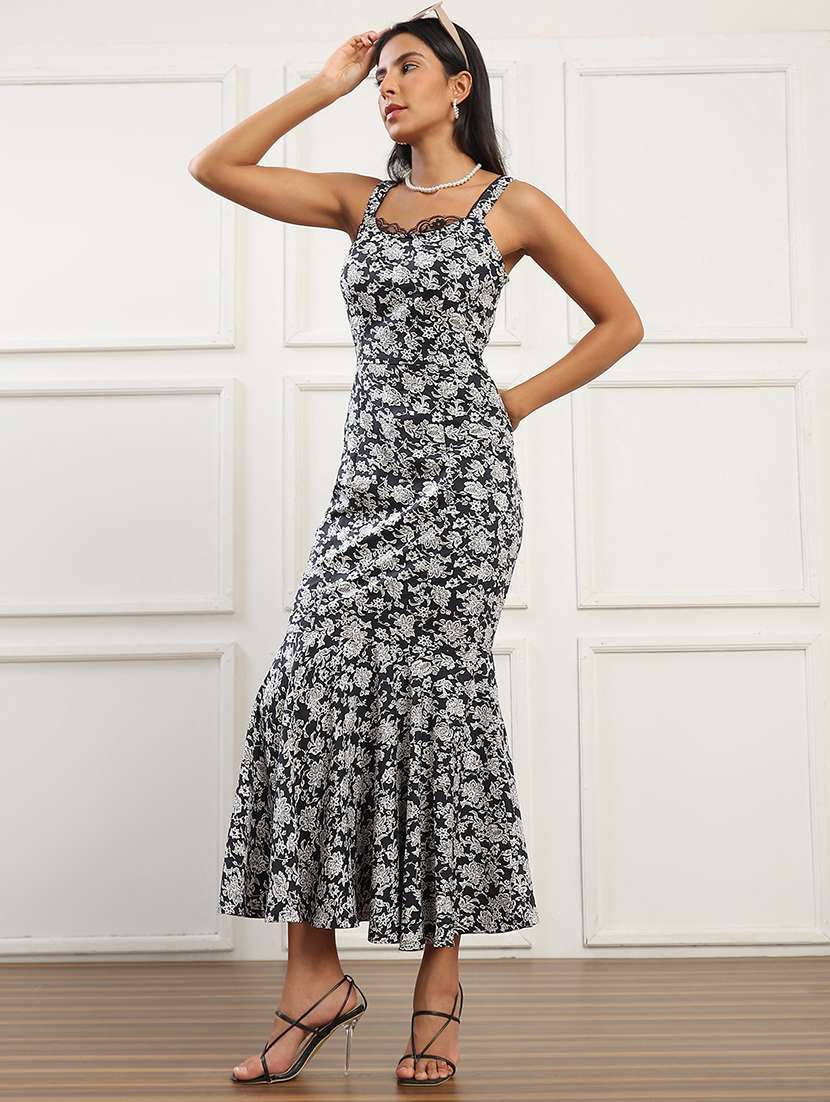 globus women black floral print shoulder strap round neck with lace detail flared hem midi bodycon party dress