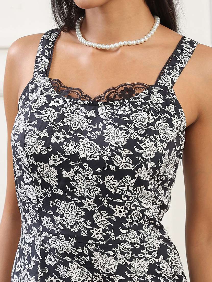 globus women black floral print shoulder strap round neck with lace detail flared hem midi bodycon party dress - 22141473 -  Standard Image - 4