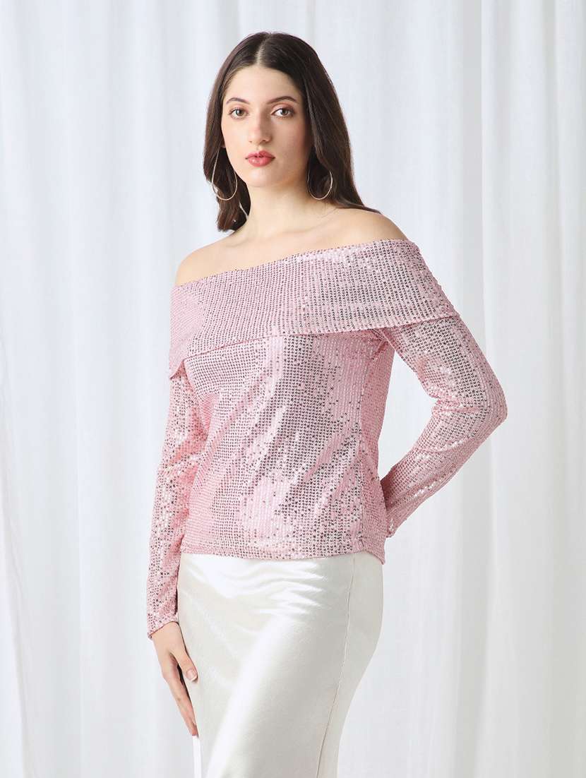 globus women pink off shoulder long sleeves embellished party top - 22141474 -  Standard Image - 1