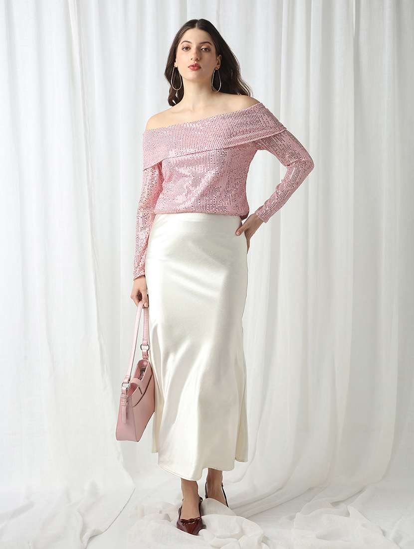 globus women pink off shoulder long sleeves embellished party top - 22141474 -  Standard Image - 4