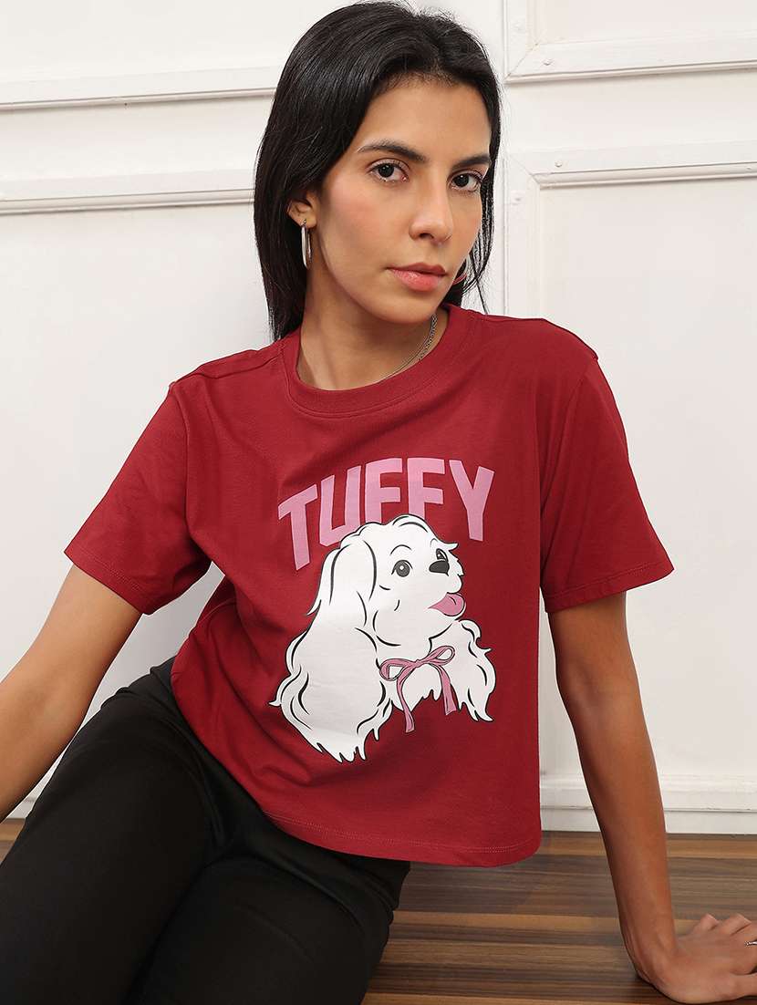 globus women red round neck short sleeves graphic print boxy fit crop t-shirt