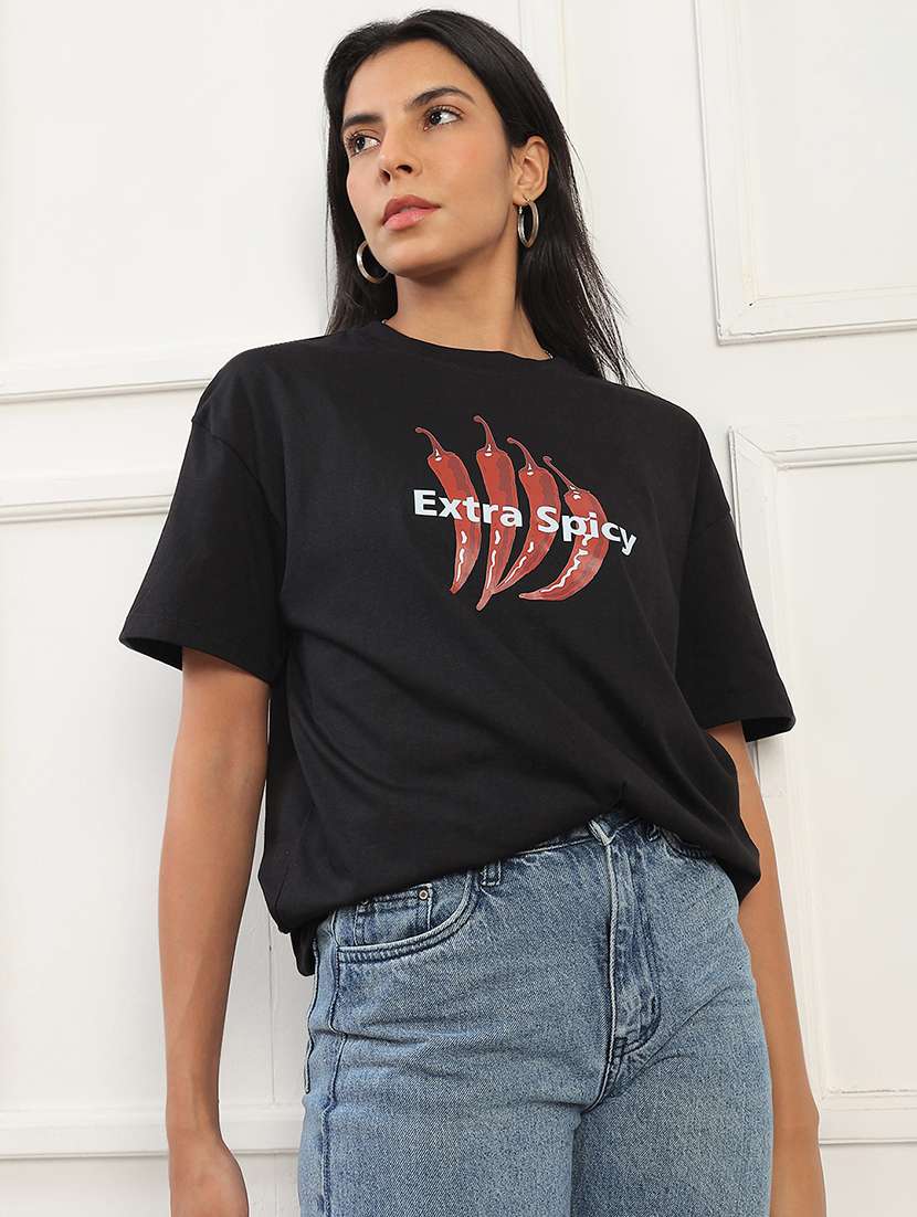 globus women black round neck drop shoulder sleeves graphic print oversized t-shirt