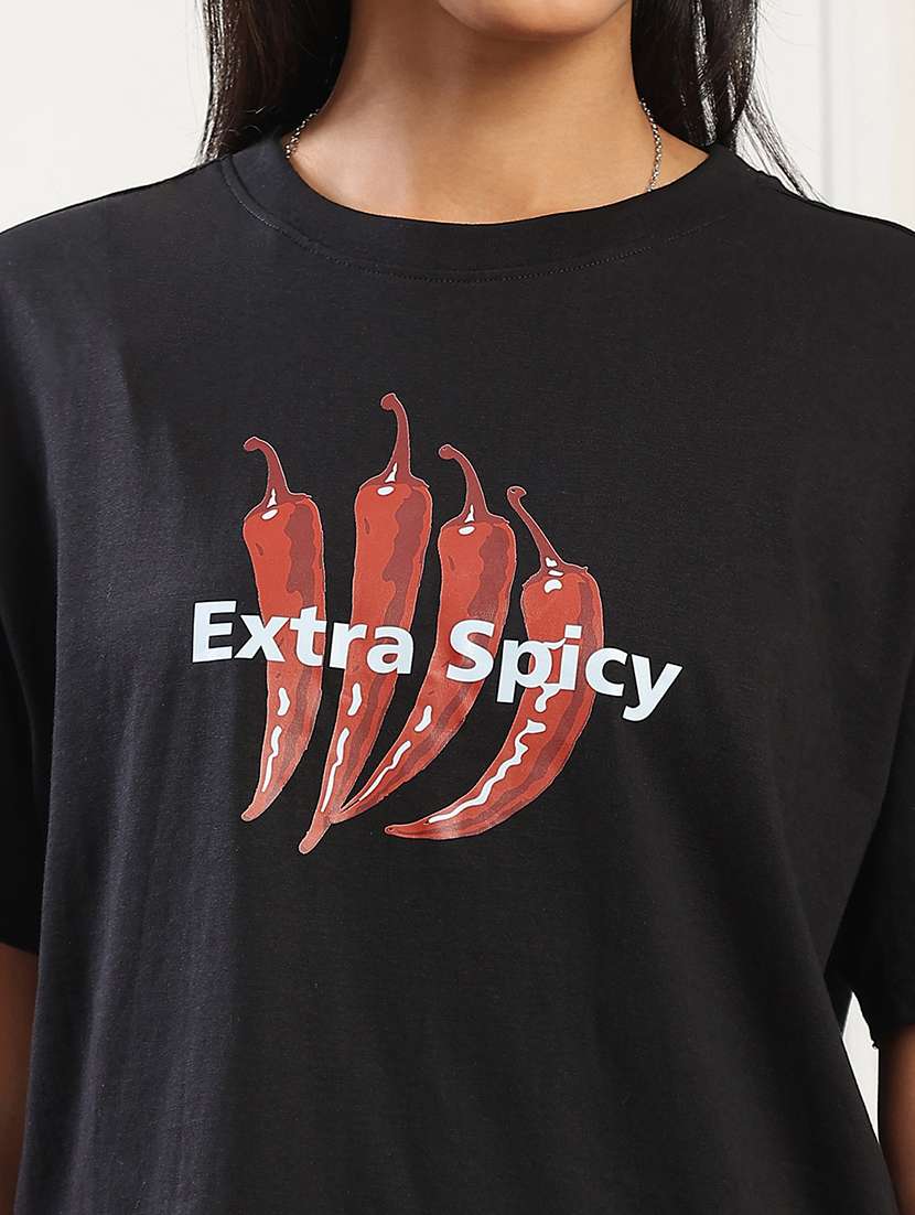 globus women black round neck drop shoulder sleeves graphic print oversized t-shirt - 22141479 -  Standard Image - 4