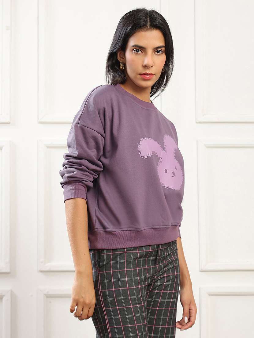 globus women mauve graphic print drop shoulder sleeves round neck ribbed hem pullover sweatshirt (fleece 260-280 gsm) - 22141482 -  Standard Image - 1