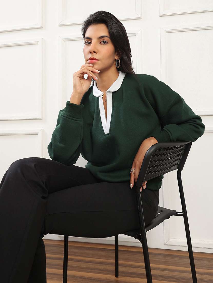 globus women green contrast color shirt collar drop shoulder sleeves ribbed hem pullover sweatshirt (fleece 260-280 gsm) - 22141484 -  Standard Image - 1