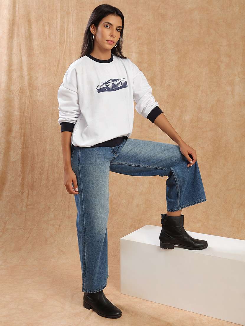 globus women cream graphic print drop shoulder sleeves round neck ribbed hem pullover sweatshirt  - 22141487 -  Standard Image - 4