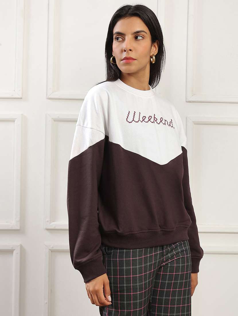 globus women brown colorblock & typography print round neck drop shoulder sleeves ribbed hem oversized pullover sweatshirt  - 22141488 -  Standard Image - 1