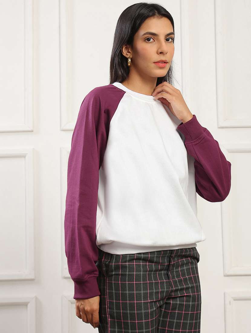 globus women purple colorblock round neck raglan sleeves ribbed hem pullover sweatshirt (fleece 260-280 gsm) - 22141490 -  Standard Image - 1