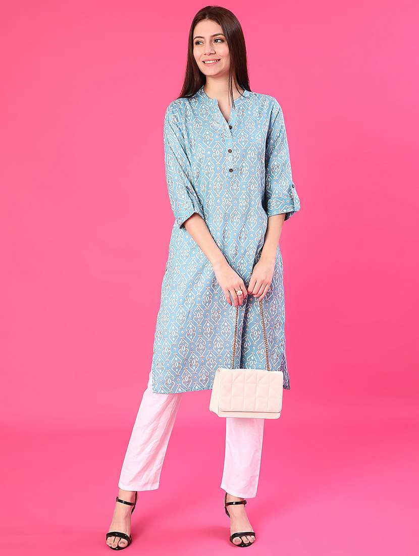 women printed three quarter sleeve straight kurta