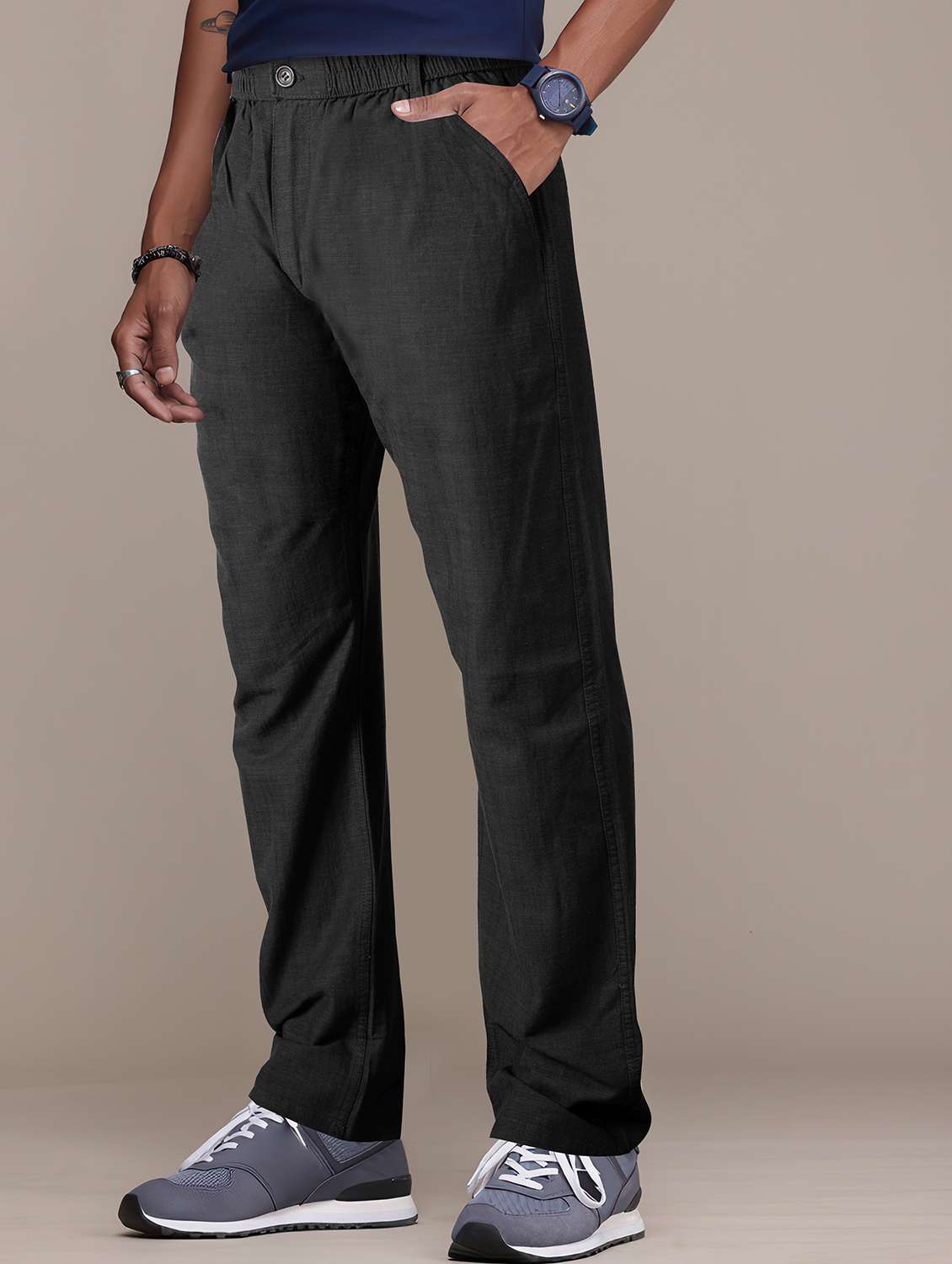 men solid mid rise flat front casual trouser - 22141586 -  Standard Image - 1